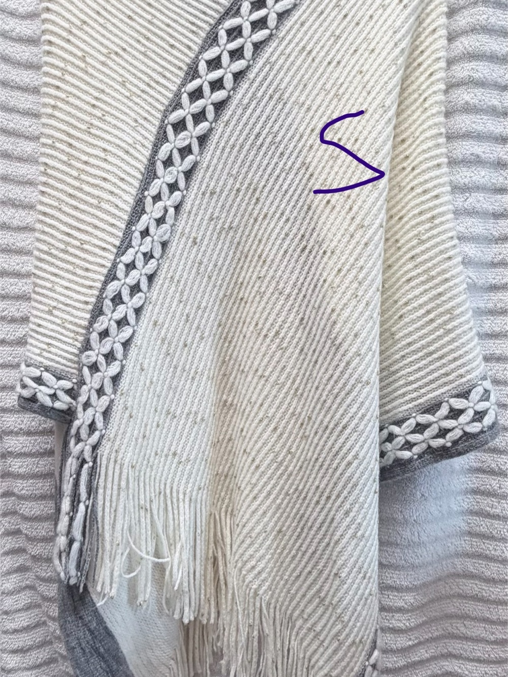Women's Cream Fringe Knit Sweater with Gray Trim